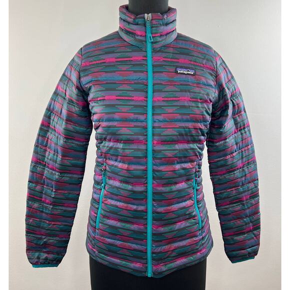 PATAGONIA Blue Pink Green Long Sleeve Zip Front Down Sweater Puffer Jacket XS - Picture 1 of 8